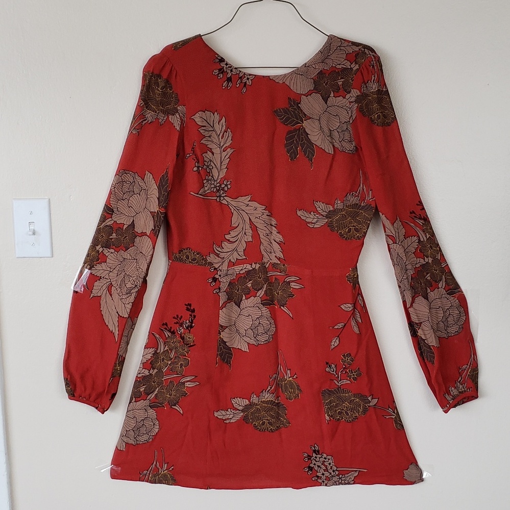 Reformation Red Floral Mini Dress with Tan & Brown Print